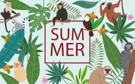 Monkeys and tropical leaves and summer frame vector illustration poster.のイラスト素材