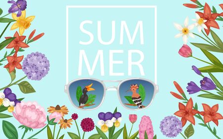 Summer flowers and sunglasses with tropical birdsのイラスト素材