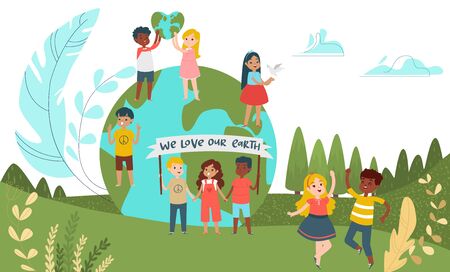 Little children character male female save planet, group kid save environment concept cartoon vector illustration. Tiny people child staying green world, we love our earth dance amusement field.のイラスト素材