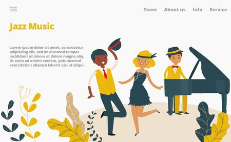 Jazz music studio landing web page, concept banner website template cartoon vector illustration. Company website page, female male character dance and play piano, person cheerful spend time.のイラスト素材