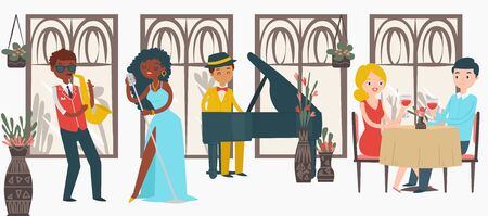 Lovely couple male female date jazz restaurant, character lover pair listening music isolated on white, flat vector illustration. Black people play jazz, woman sing, man trumpet and piano perform.のイラスト素材