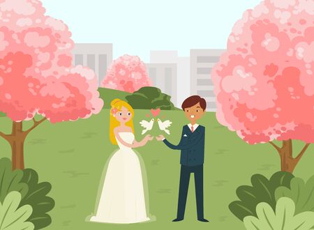 Female male lovely couple wedding celebration, flat vector illustration. City urban national park, young family married pink tree background. People hand hold white pigeon with heart sign.のイラスト素材