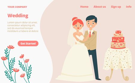Character lovely couple traditional wedding clothing landing web page, concept banner website template cartoon vector illustration. Website page banner, festivity joyful married and ceremonial cake.のイラスト素材