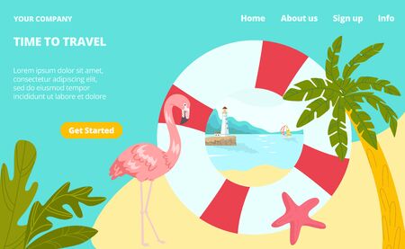 Time to travel tropical country landing web page, concept banner website template cartoon vector illustration. Company website page, pink flamingo stay lifebuoy trip beachfront palm tree.のイラスト素材