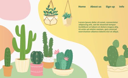 Cactus and succulents domestic collection landing web page, concept banner website template cartoon vector illustration. Website business page. Home plants pot, design green seedling.のイラスト素材
