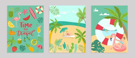 Templates summer travel set poster concept banner, pattern tropical hot relax flat vector illustration. Ocean rest seaside heavenly place, vacation hot country beach recreational activity.のイラスト素材