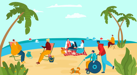 Character people relax sea shore, male female disabled walking dog, group human rest ocean beach flat vector illustration. Woman sitting deck chair and family picnic tropical hot place with palm tree.のイラスト素材