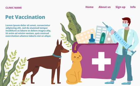 Veterinary hospital, tiny vet doctor hold syringe landing web page, concept banner website template cartoon vector illustration. Website business page, animal care medicine, healthcare dog and cat.のイラスト素材