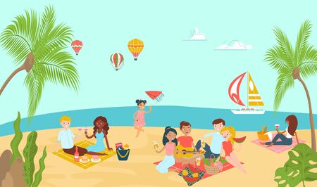 Lovely beach ocean place, lover couple relax paradise tropical seaside and family rest picnic flat vector illustration. Cheerfully time spend, sea background with aerostat, palm tree leaf.のイラスト素材