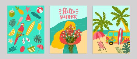 Set poster hello summer concept banner, pattern tropical hot relax flat vector illustration. Surf flyer advertising, ocean rest seaside. Templates ads billboard, palm tree woman hold bouquet flower.のイラスト素材