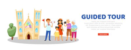 tour guide, advertising banner, tourist website, travel information portal, journey vacation, cartoon style vector illustration. Men, women sightseeing tours, people explore sights, poster travelers.のイラスト素材
