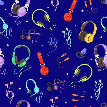 modern seamless pattern with headphone, audio equipment listening to music, new technologies, cartoon style vector illustration. Good volume stereo speakers, DJ entertainment, designer mobile headset.のイラスト素材