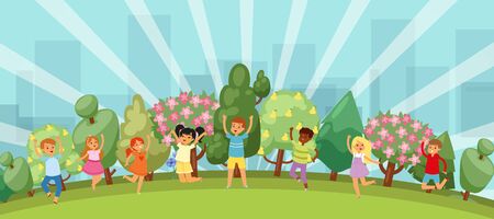 Happy kids jumping in summer park, funny boys cute girls, outdoor playground outside city, cartoon style vector illustration. Beautiful, blooming fruit trees, grass, children on colorful background.のイラスト素材
