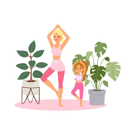 Illustration, girl practices yoga at home, relaxing pose for meditation, healthy lifestyle, cartoon style vector illustration. Mom, daughter, bodybuilding fitness training, relaxation for wellness.のイラスト素材