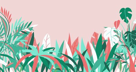 Grass, background, various summer tropical plants, banner red, turquoise, spring foliage, cartoon style vector illustration. Herbal garden, exotic leaves, natural environment, colorful flyer designのイラスト素材