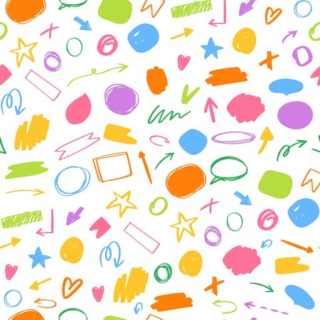 Grunge elements in seamless pattern, fashionable design with different graphic elements, cartoon style vector illustration. Modern, colorful background for printing on paper, textile industry.のイラスト素材