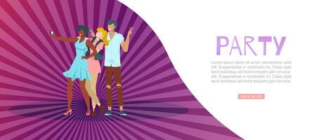 Trendy party banner, festive poster, colorful, radiant purple background, joyful event, design, cartoon style vector illustration. People have fun on holiday, young woman and guy take selfies.のイラスト素材