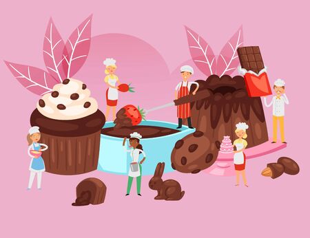 People cook chocolate, food recipe composition, professional bakery banner, desserts baking, cartoon style vector illustration. Happy men, women make pastries, poster for sweets with small people.のイラスト素材
