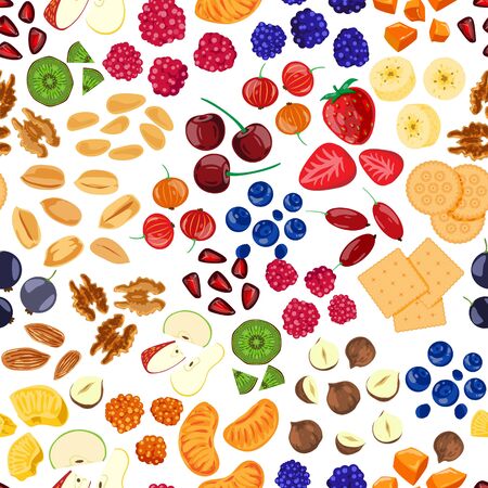 Porridge additives, bright pattern seamless, useful ingredients, healthy vegetarian breakfast, cartoon style vector illustration. Vitamin, sweet snack, nuts, berries and fruits, isolated on whiteのイラスト素材