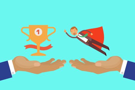 Concept startup new business, technology start, people work in creative team to achieve success, cartoon vector illustration. Hand man, winner cup, successful businessman, place, prize successful workのイラスト素材