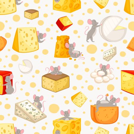 Seamless pattern sliced cheese and mice in cartoon style, pattern cute animal, food, design, flat style vector illustration. happy rat, funny drawing, background for printing on paper and fabric.のイラスト素材
