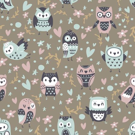 Cartoon funny owls, seamless pattern, cute animals, collection design charming birds, cartoon style vector illustration. Popular decorative ornament, stylish print element, used in textile industryのイラスト素材