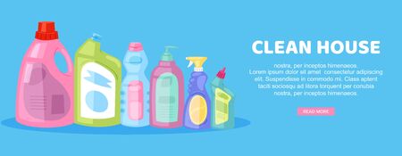 clean house, inscription on bright banner,internal housework, advertising household, design in cartoon style vector illustration. Main page website, equipment, detergent for mopping and cleaning.のイラスト素材