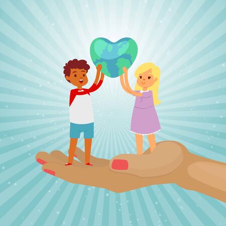 Earth day concept, heart-shaped planet, peace symbol, environment, world celebration, eco banner, cartoon vector illustration. Little boy, happy girl, holds globe in his hands, hand holds children.のイラスト素材