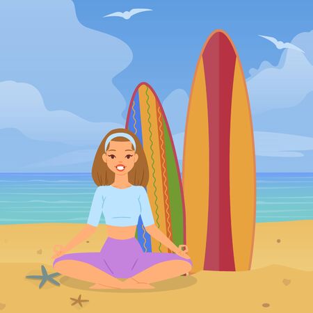 Joyful girl doing yoga beach, vacation ocean, colorful nature, yellow, hot sand, design, cartoon style vector illustration. Lotus position relaxation, surfboards, healthy sport, healthy lifestyle.のイラスト素材