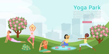 Lettering yoga park, banner ad, female fitness training, health people activities, design, cartoon style vector illustration. Outdoor recreation healthy lifestyle, gymnastics physical active exercisesのイラスト素材