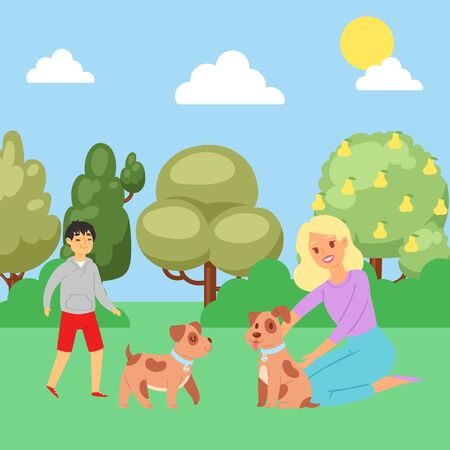 Summer park, boy playing with puppy, joyful man and happy dog in nature, outdoor, design, cartoon style vector illustration. Useful lifestyle, Good rest, dog, man s best friend, woman stroking pet.のイラスト素材
