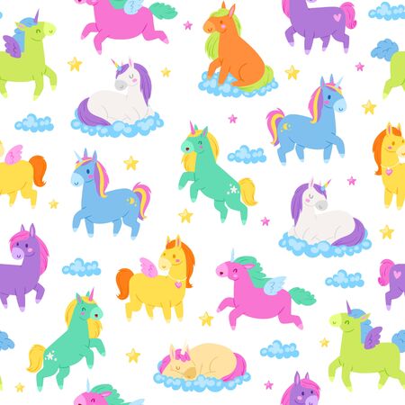 Cute unicorns, seamless patern, fantasy magic world, nice fairy animals, textile industry, cartoon style vector illustration. Printing on fabric, designer children s background, decorative art.のイラスト素材