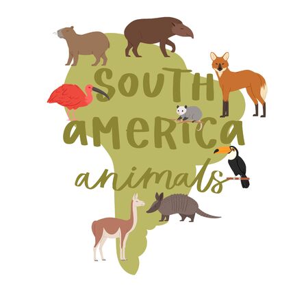 Lettering animals South America on map, background, natural habitat, geographical location, cartoon style vector illustration. American wild beast, on continent, country for travel, isolated on white.のイラスト素材