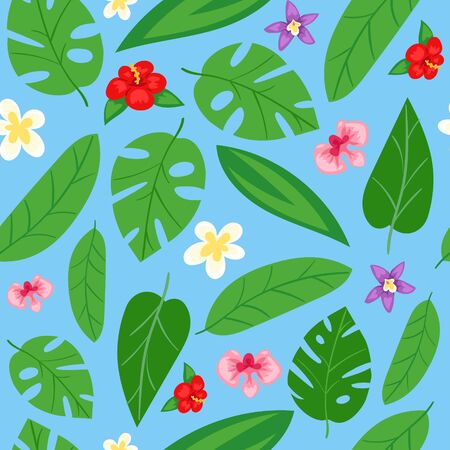 Summer, leafy, seamless pattern design, spring flowers, printing on paper and fabric, design, cartoon style vector illustration. Textural background, bright, green ornament, natural exotic decoration.のイラスト素材