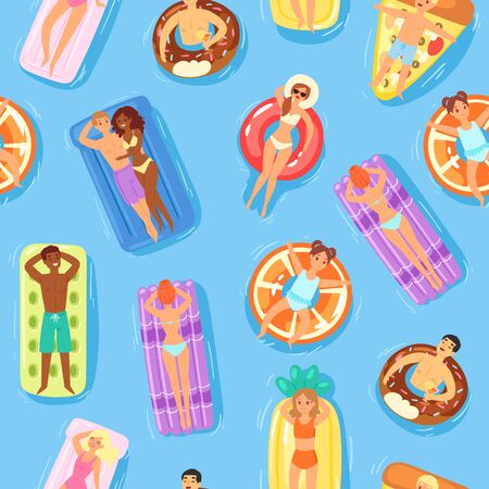 Seamless pattern, happy people and swimming on water, empty printable template, summer beach, design, cartoon vector illustration. Men, women and children have rest on vacation, time will relax well.のイラスト素材