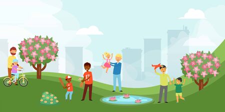 Father s day spent in city park, bright banner, happy child playing baseball with his dad, cartoon style vector illustration. People outdoors, healthy vacation parents play with children, green grassのイラスト素材