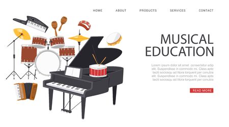 inscription musical education, banner ad, reference Information website, portal for musicians, cartoon style vector illustration. ollection musical instruments, acoustic sound isolated on white.のイラスト素材
