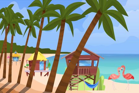Beach bugalow, home background, vector illustration. Summer travel in house building at flat seaside resort, cottage hut near sea. Cartoon holiday vacation, rest at ocean and stilt wood house.のイラスト素材