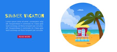 Summer vacation, holiday design vector illustration. Travel to sea beach, tropical nature banner. Bungalow house near ocean, exotic paradise with clean sand, sky and water at island, tourism poster.のイラスト素材