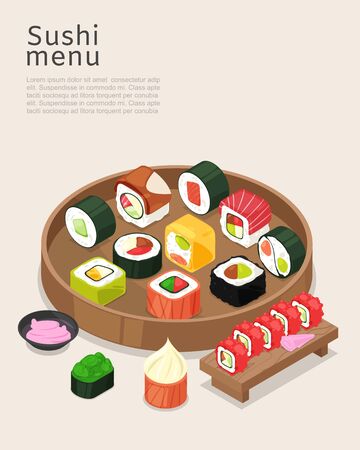 Sushi menu, asian food with rice poster vector illustration. Cooking restaurant roll with salmon on bright background, bar cuisine design. Fresh japanese seaweed with tuna on wooden board, flyer.のイラスト素材