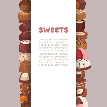 Sweets candy banner, vector illustration. Dessert chocolate food with cocoa vertical template design, tasty confectionery. Yummy brown chocolate candies with cream, syrup and caramel background.のイラスト素材