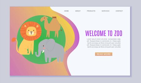 Zoo cartoon animal, vector illustration. Welcome to zoo landing banner, funny safari template poster with wildlife nature Elephant, lion, camel cartoon character at green background.のイラスト素材