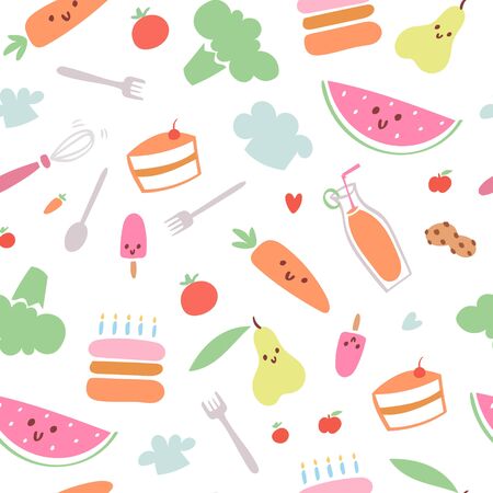 Food menu for kids seamless pattern, vector illustration. Fresh healthy cartoon fruit for baby wallpaper, cute colorful background. Cook lunch with vegetables for child, funny meal decoration.のイラスト素材