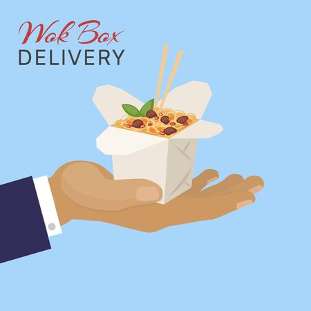 Food chinese wok box delivery, vector illustration. Container with asian fast food from restaurant, noodles cuisine lunch. Design fastfood with sticks, cafe takeaway meal in packaging.のイラスト素材