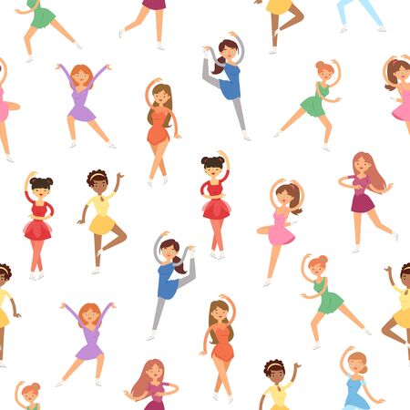 Ice activity, woman people skaters seamless pattern background vector illustration. Winter active leisure at cartoon rink female girl character. Skating sport flat design, cold season wallpaper print.のイラスト素材