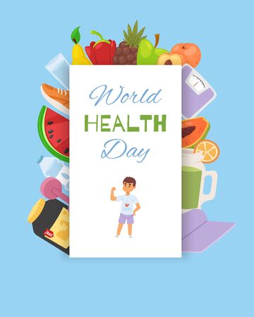 Health wold day, food background banner vector illustration. Lifestyle poster, activity and care. Fresh hearty nature fruits and product, global day for exersise and physical activity.のイラスト素材