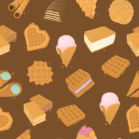 Food delicious dessert, waffle seamless pattern vector illustration. Sweet tasty pastry, cone with cream background design. Cartoon bakery chocolate cake, yummy breakfast wallpaper.のイラスト素材