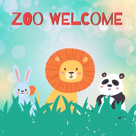 Zoo animal welcome, vector illustration. Funny wildlife background, template poster forest, cute lion, panda and hare cartoon. Flat flyer banner cute nature, park, jungle brochure invitation.のイラスト素材