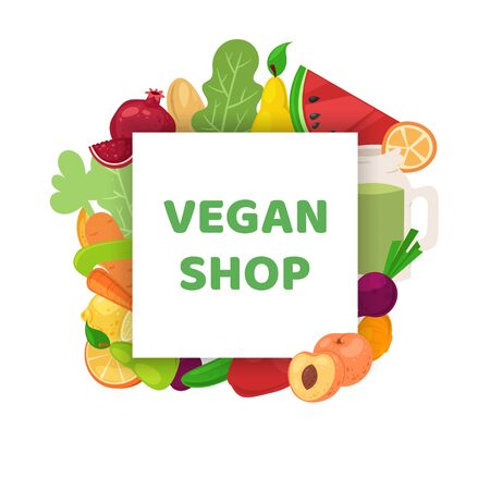 Vegan shop, healthy food banner vector illustration. Vegetarian diet cartoon, organic green market and natural nutrition. Bio farm with salad, fresh harvest flat store and vitamin product.のイラスト素材