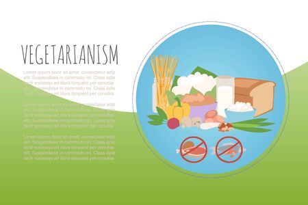 Vegetarianism healthy green food banner, vector illustration. Fresh natural design web page, organic diet on colorful background. Vegan nutrition, cooking vegetable and eat cuisine dish.のイラスト素材